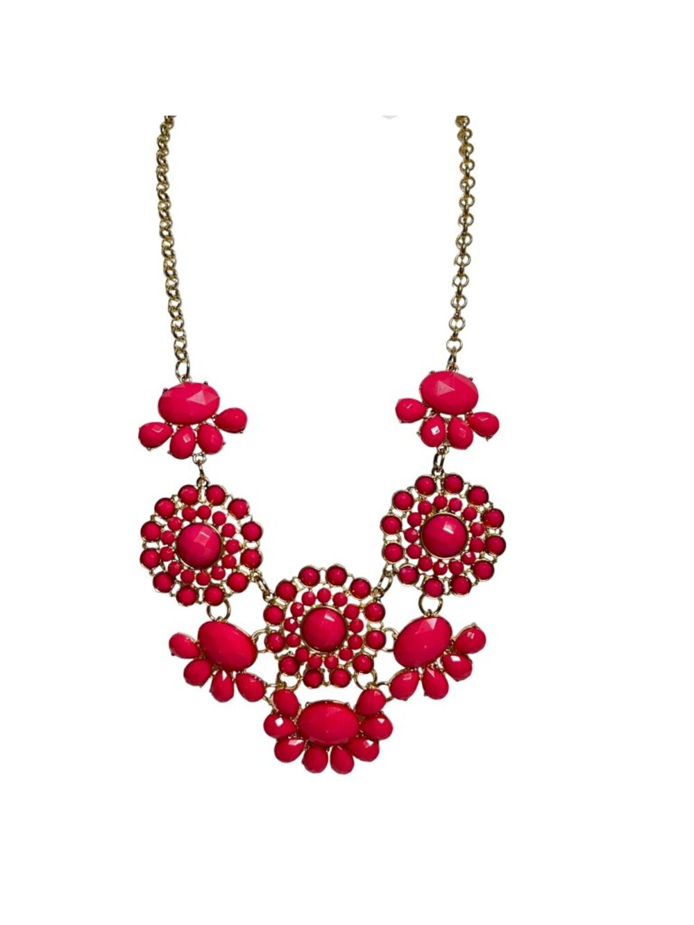 Faceted Pink Rhinestones And Gold Tone Statement Necklace (6372)